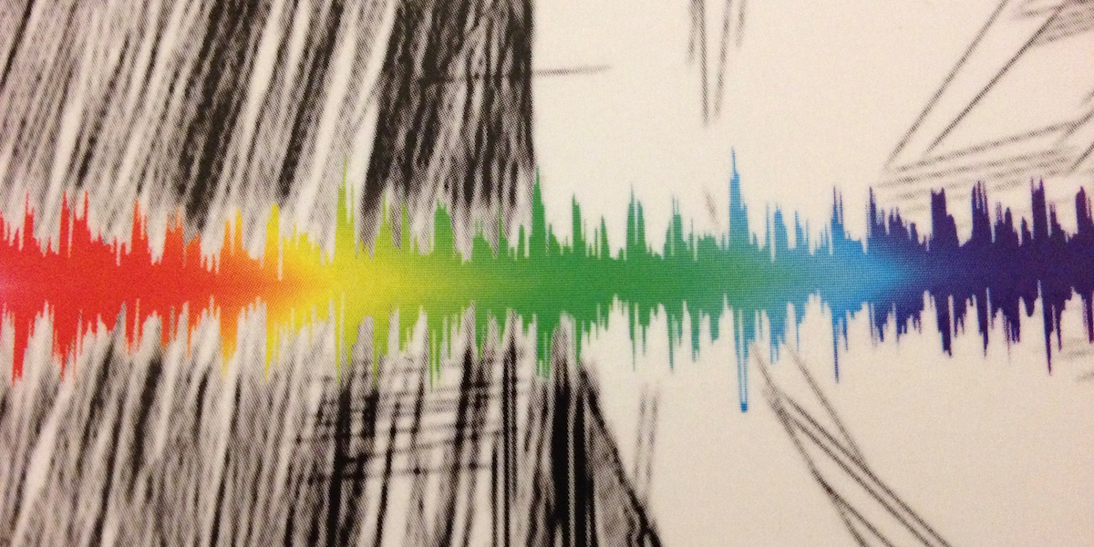 Cover detail of book Echolocation. Cover design by Olaf Hille. Rainbow-coloured sound wave on a black-grey-white background.